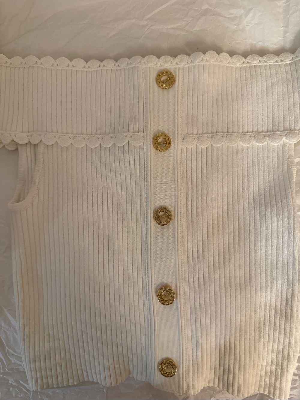 Sandro Cream Ribbed Pencil Skirt with Gold Buttons